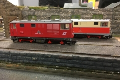 Modern image on Glastraeth shed (1) -  David Churchill's Ferro Train Rh2095-002-8 in front of Angela Baker’s Roco Rh2095-4